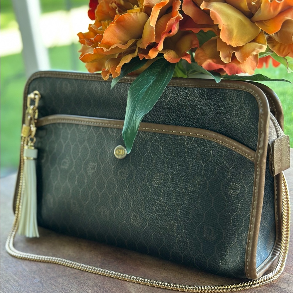 Christian Dior Honeycomb Logo Clutch Bag Purse Tote Brown Leather - Picture 4 of 10